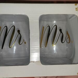 Gold 'Mr.' and 'Mrs.' Stemless Wine Glasses